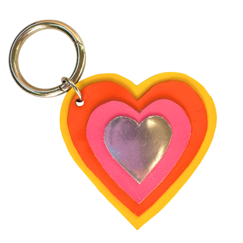Disco heart bag charm in upcycled leather yellow orange pink and metallic silver