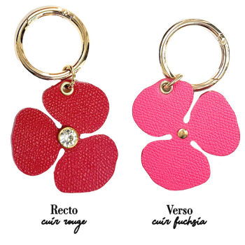 Camellia flower charm red/fuchsia – gold ring, upcycled leather