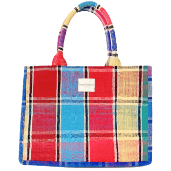 Cabas rouge bleu en haïk marocain upcyclé