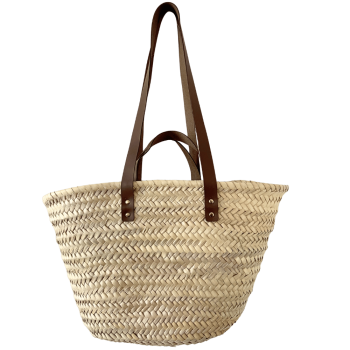 Détail cuir brun upcyclé panier