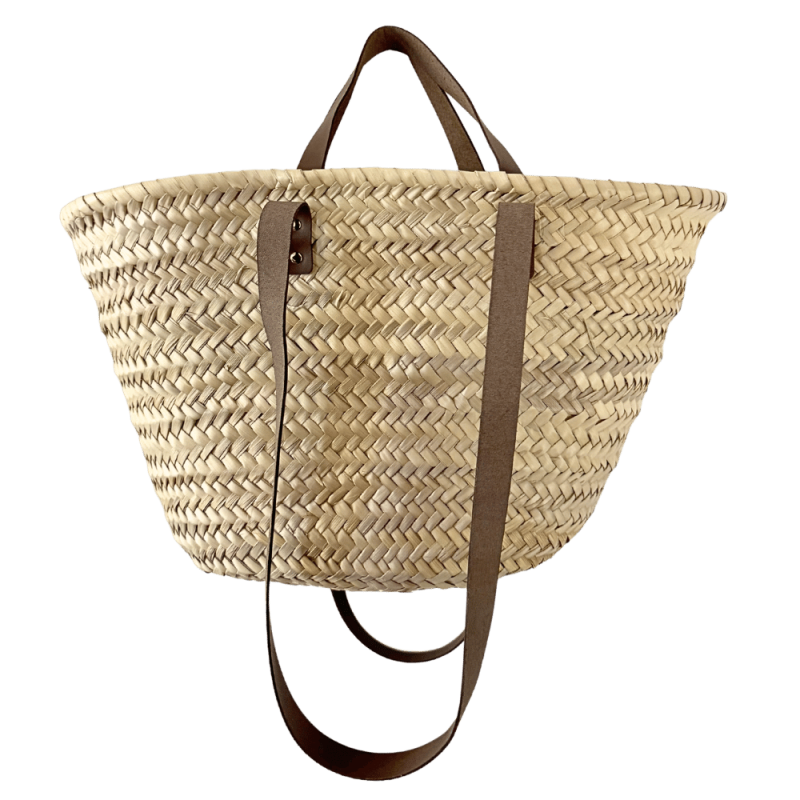 Brown leather beach basket