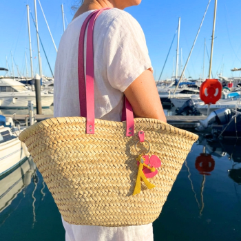 Panier plage osier cuir rose bonbon