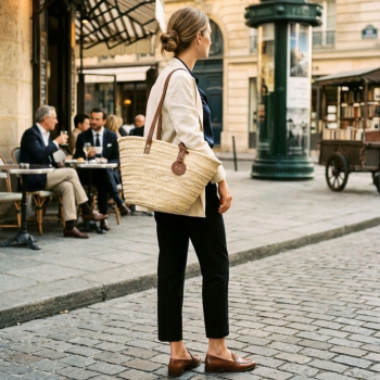 Personalized beach basket with brown leather & initials charm