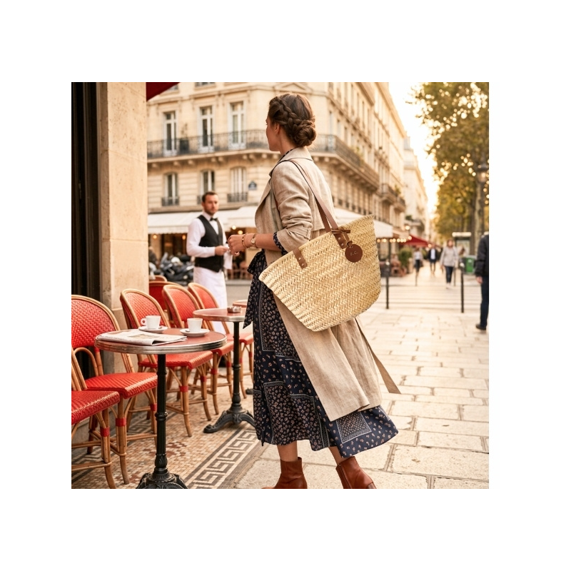 Handmade brown leather woven basket
