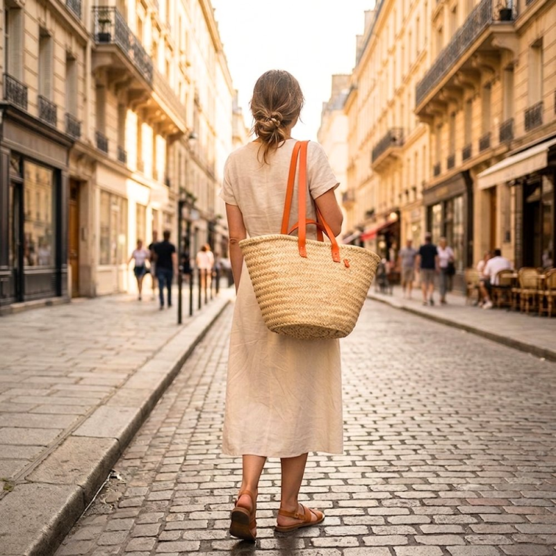 Moroccan handwoven basket orange leather