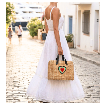 woven reed basket leather heart patent handles