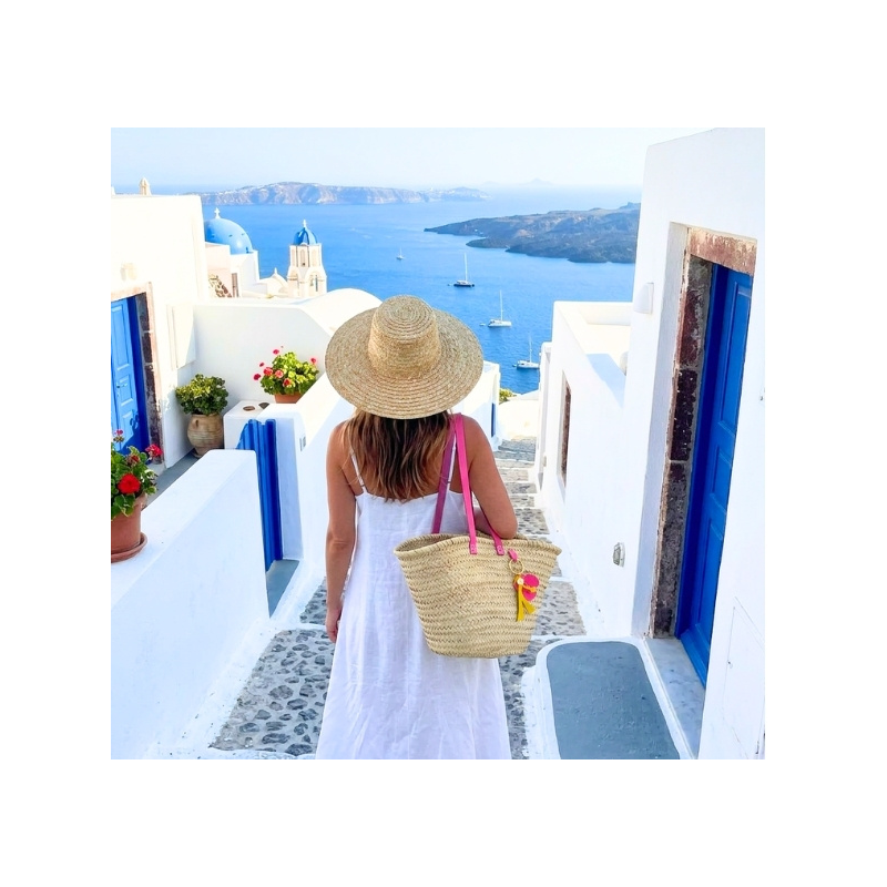 basket with leather charm beach bag