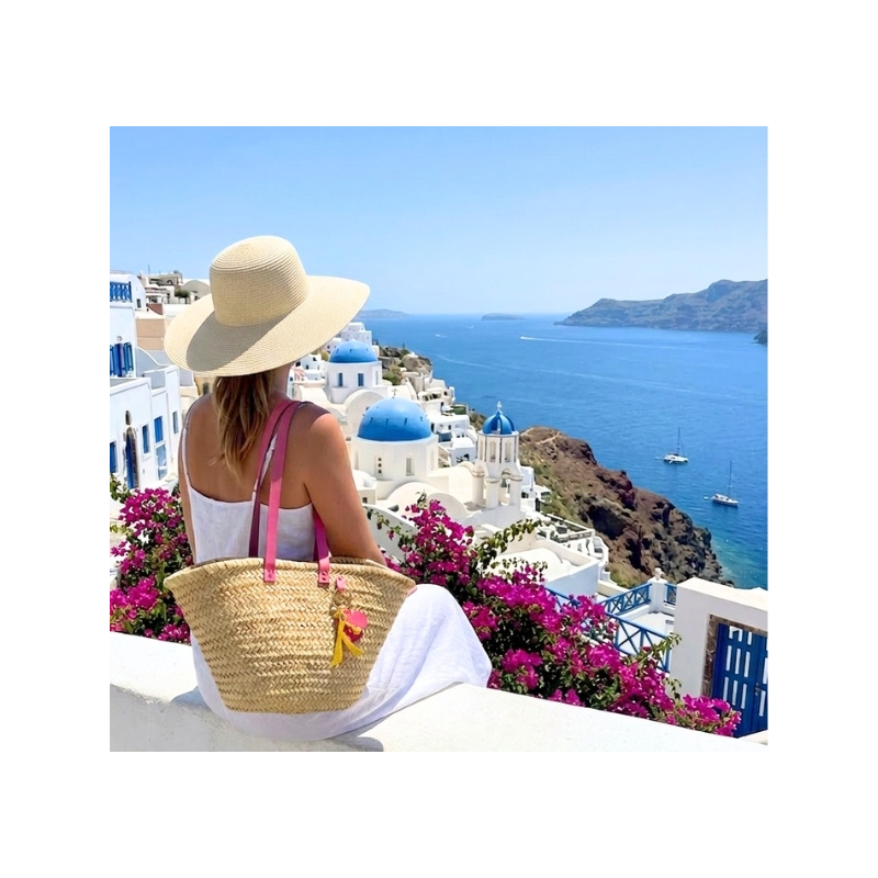 basket with leather charm shoulder carried in greece