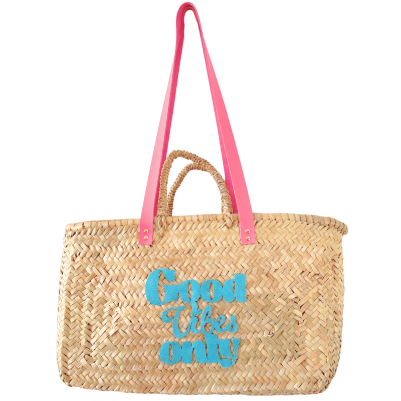 Good Vibes Only turquoise grained leather motif hand-sewn onto the front of the basket