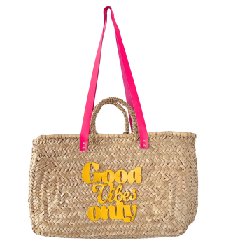 Motif Good Vibes Only en cuir jaune verni cousu main sur le recto du panier