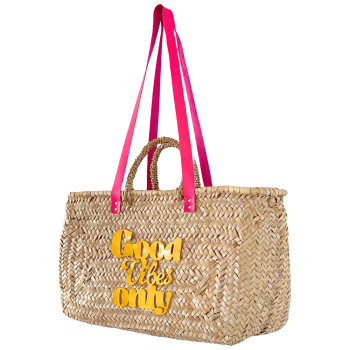 Good Vibes Only yellow patent leather motif hand-sewn onto the front of the basket