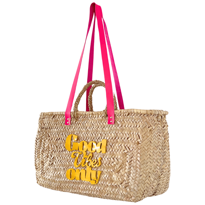 Good Vibes Only yellow patent leather motif hand-sewn onto the front of the basket