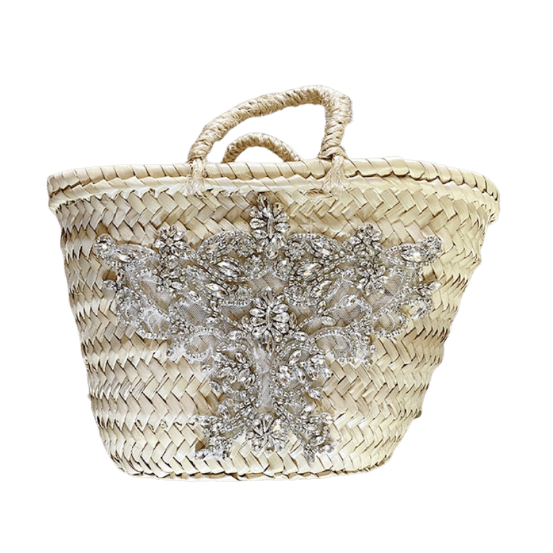 Precious mini rhinestone straw basket in handwoven palm leaves