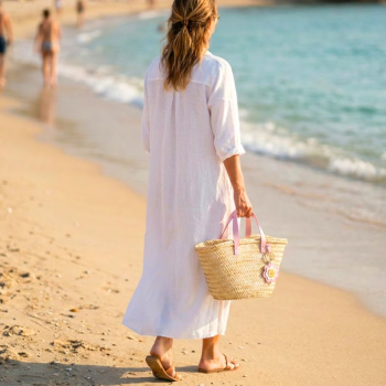 Louisette small straw basket with pale pink leather