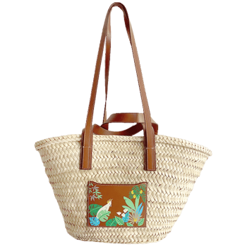 Panier en paille et cuir peint main motif Jungle