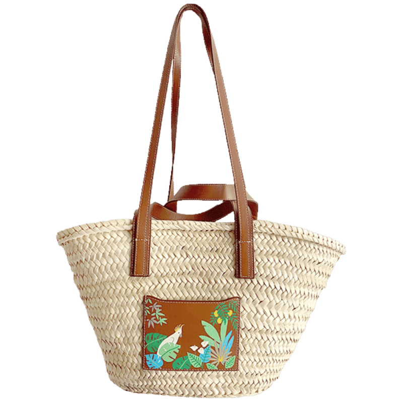Hand-painted Jungle straw and leather basket