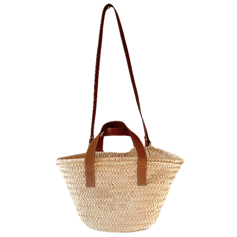 Mini straw basket with removable zipped ecru cotton pouch