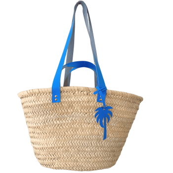 Detail of the double bright blue upcycled calf leather handles