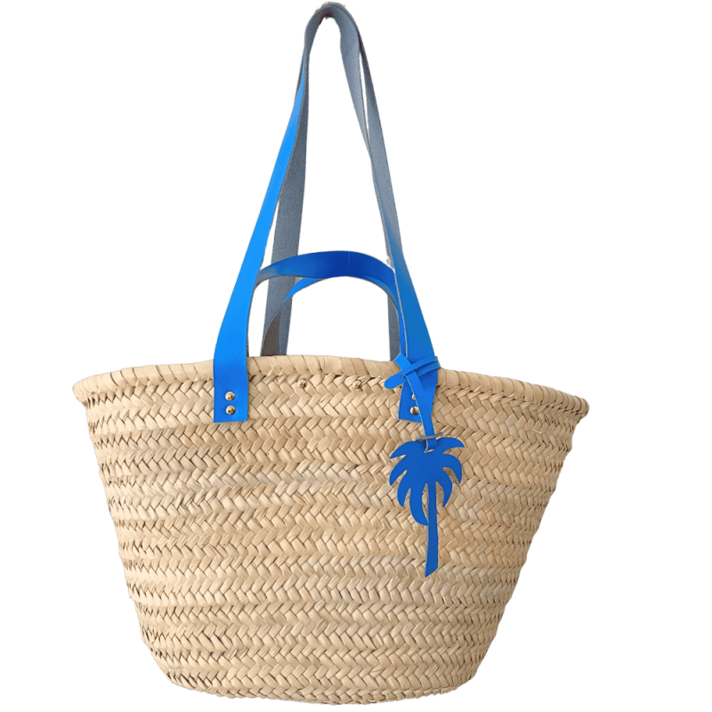 Detail of the double bright blue upcycled calf leather handles