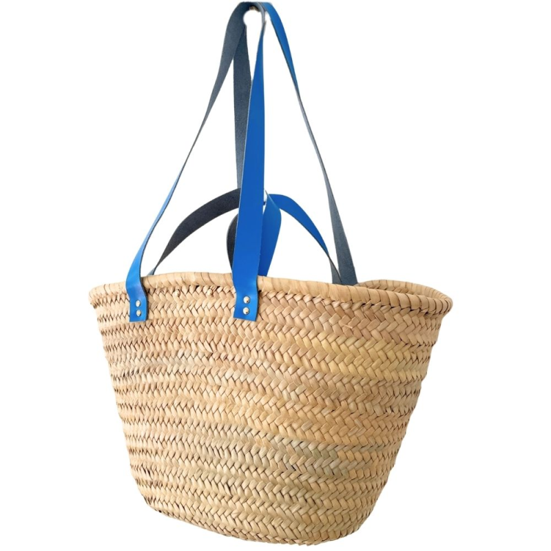 Natural straw beach basket with bright blue leather handles