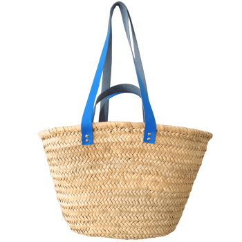 Handwoven palm-leaf straw basket with bright blue upcycled leather handles
