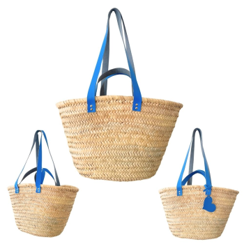 Straw basket with bright blue leather handles