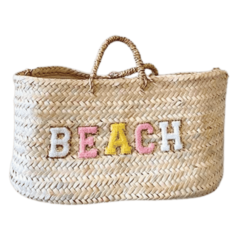 Large BEACH straw basket handwoven from palm leaves