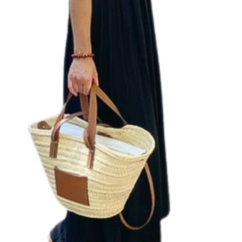 Straw and camel leather basket