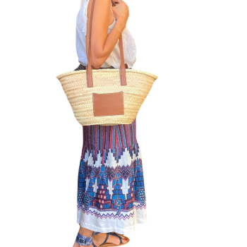 Straw and camel leather basket