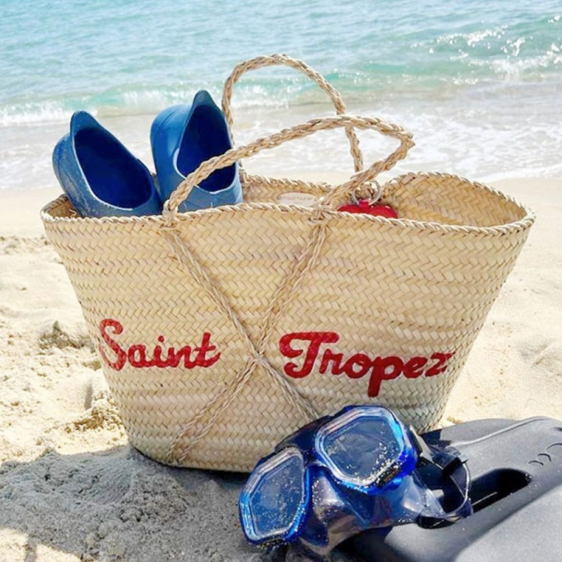 Hand-painted Saint-Tropez straw beach basket in natural palm leaves