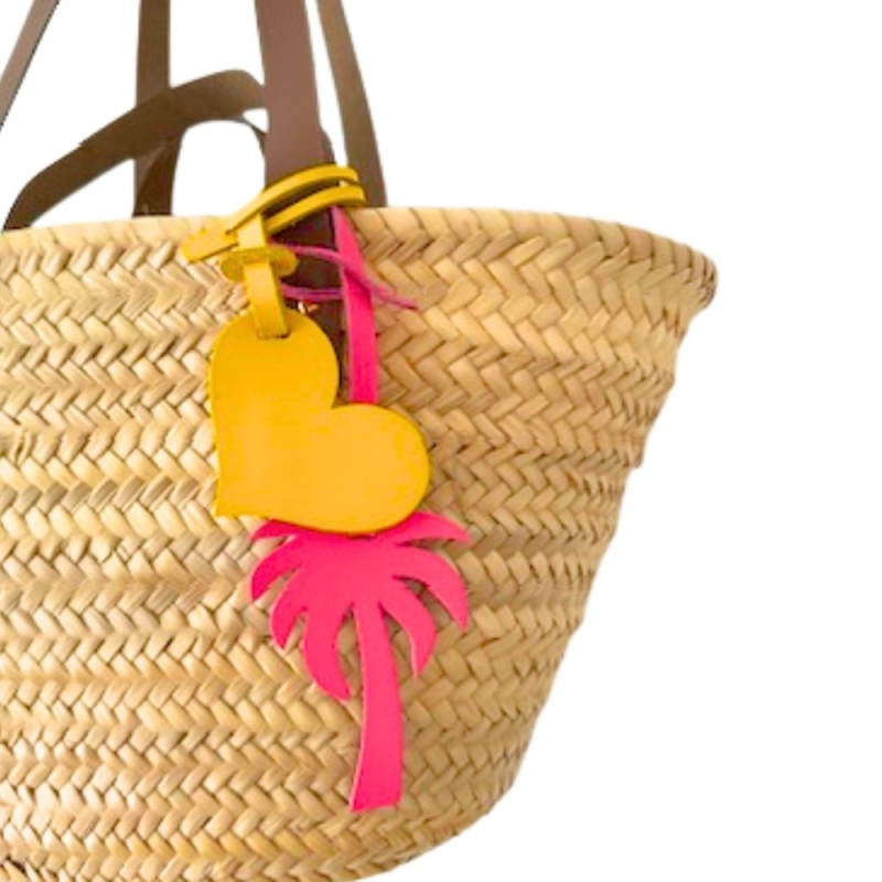 Yellow patent leather heart bag charm with leather tie