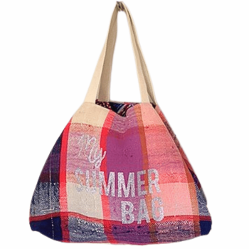 Pink beach tote made from an upcycled vintage Berber blanket with My Summer Bag message