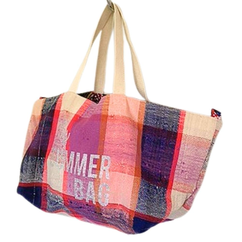 Silver glitter My Summer Bag message on a pink upcycled beach tote