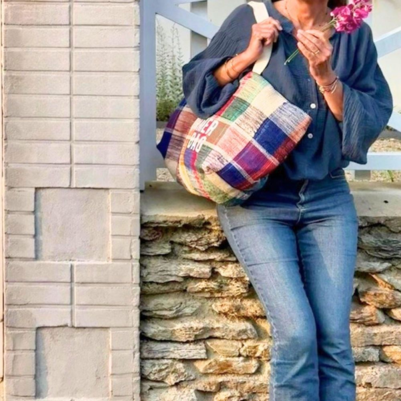 upcycled Berber beach tote worn over the shoulder