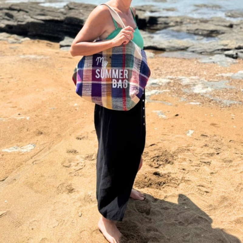 Large pink and multicoloured beach tote made from upcycled Berber fabric
