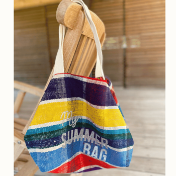 Cabas de plage jaune en plaid berbère vintage upcyclé avec message My Summer Bag