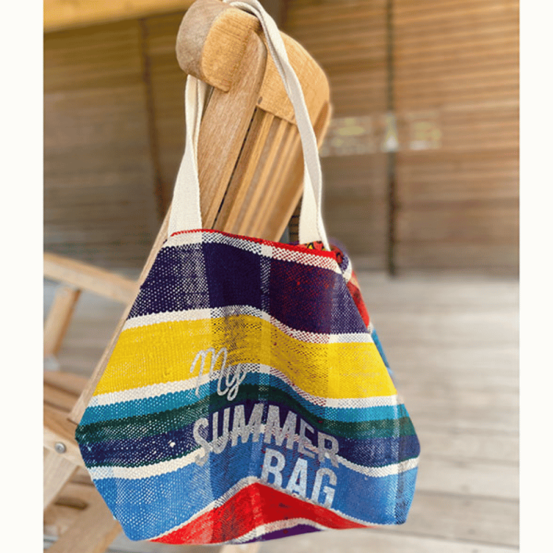 Cabas de plage jaune en plaid berbère vintage upcyclé avec message My Summer Bag