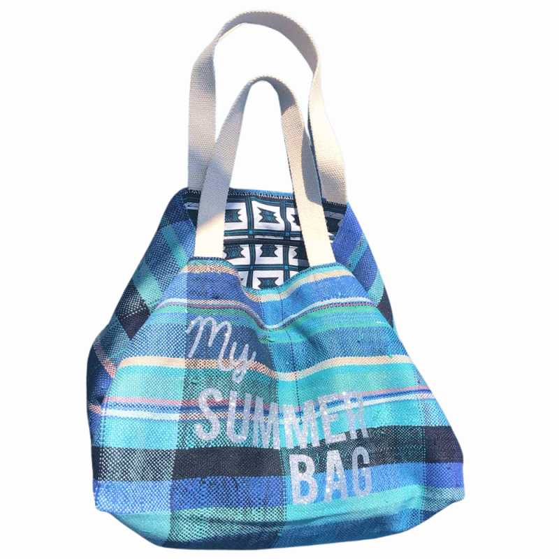 Large soft tote with navy blue and turquoise stripes in recycled Berber fabric