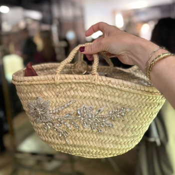 Small woven evening basket with crystal embroidery handmade in France