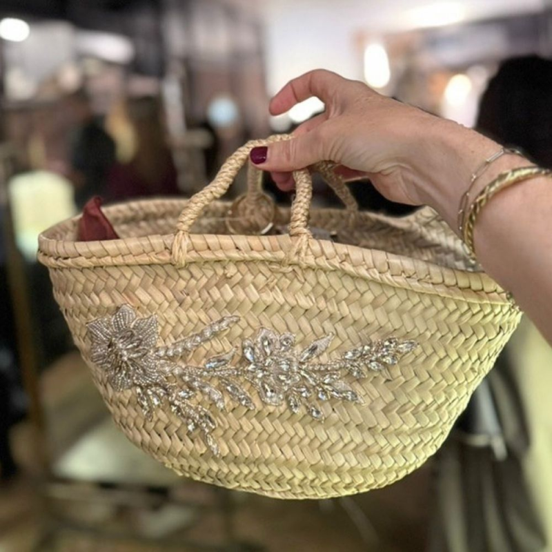Small woven evening basket with crystal embroidery handmade in France
