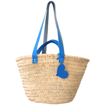 Straw basket with bright blue leather handles