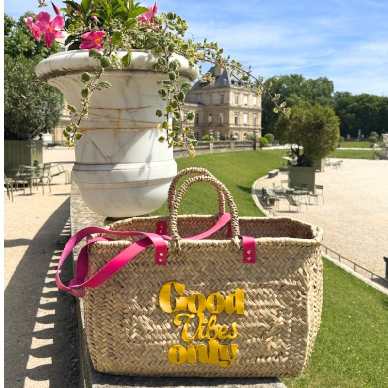 Straw Beach Basket with Pink and Yellow Leather