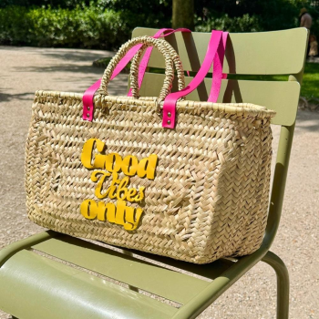 Straw Beach Basket with Pink and Yellow Leather