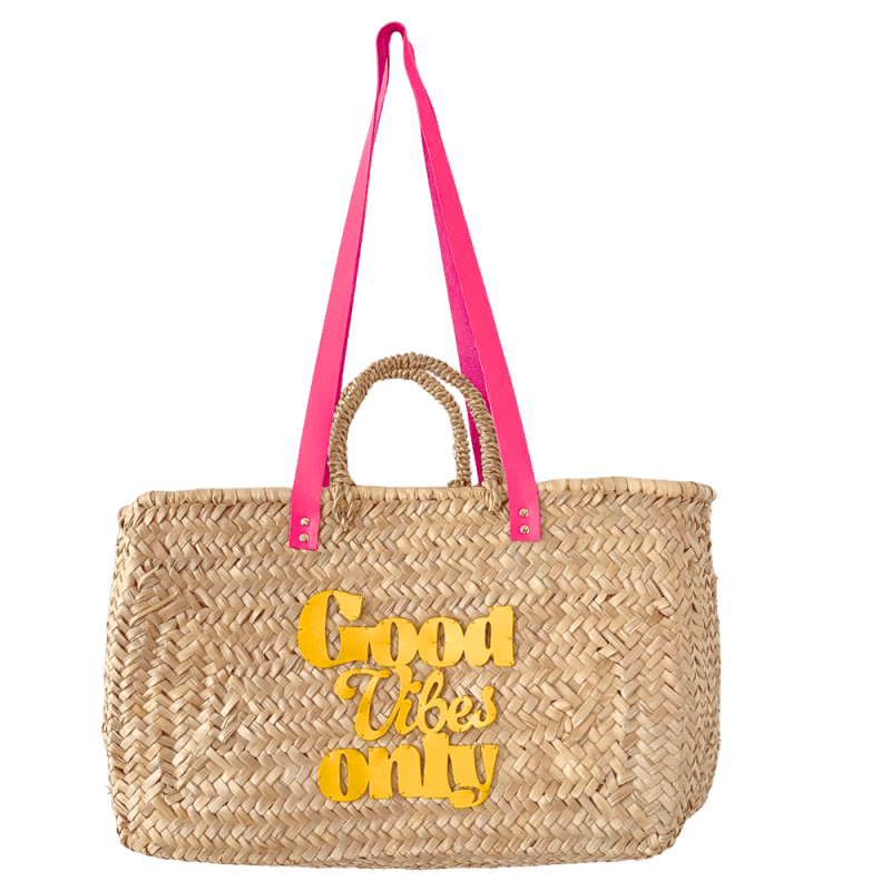 Good Vibes Only yellow patent leather motif hand-sewn onto the front of the basket