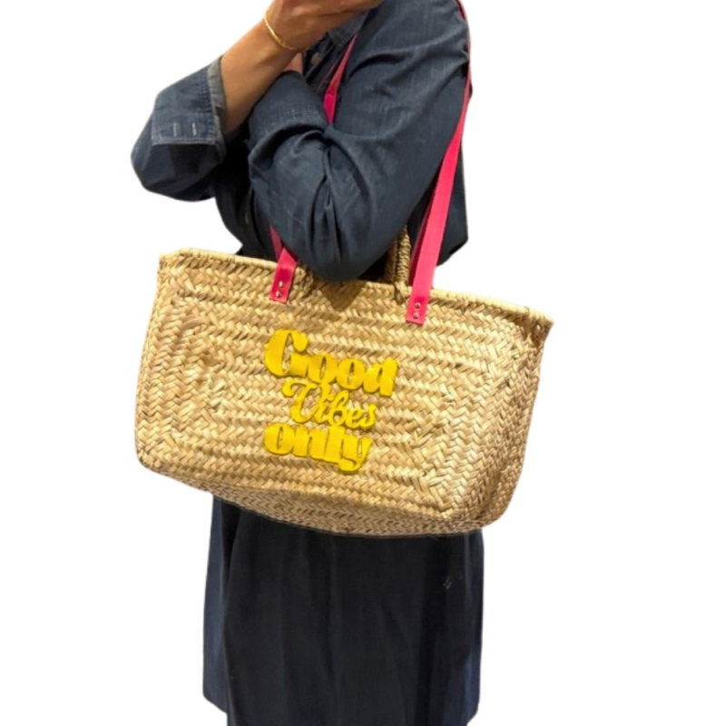 Straw Beach Basket with Pink and Yellow Leather